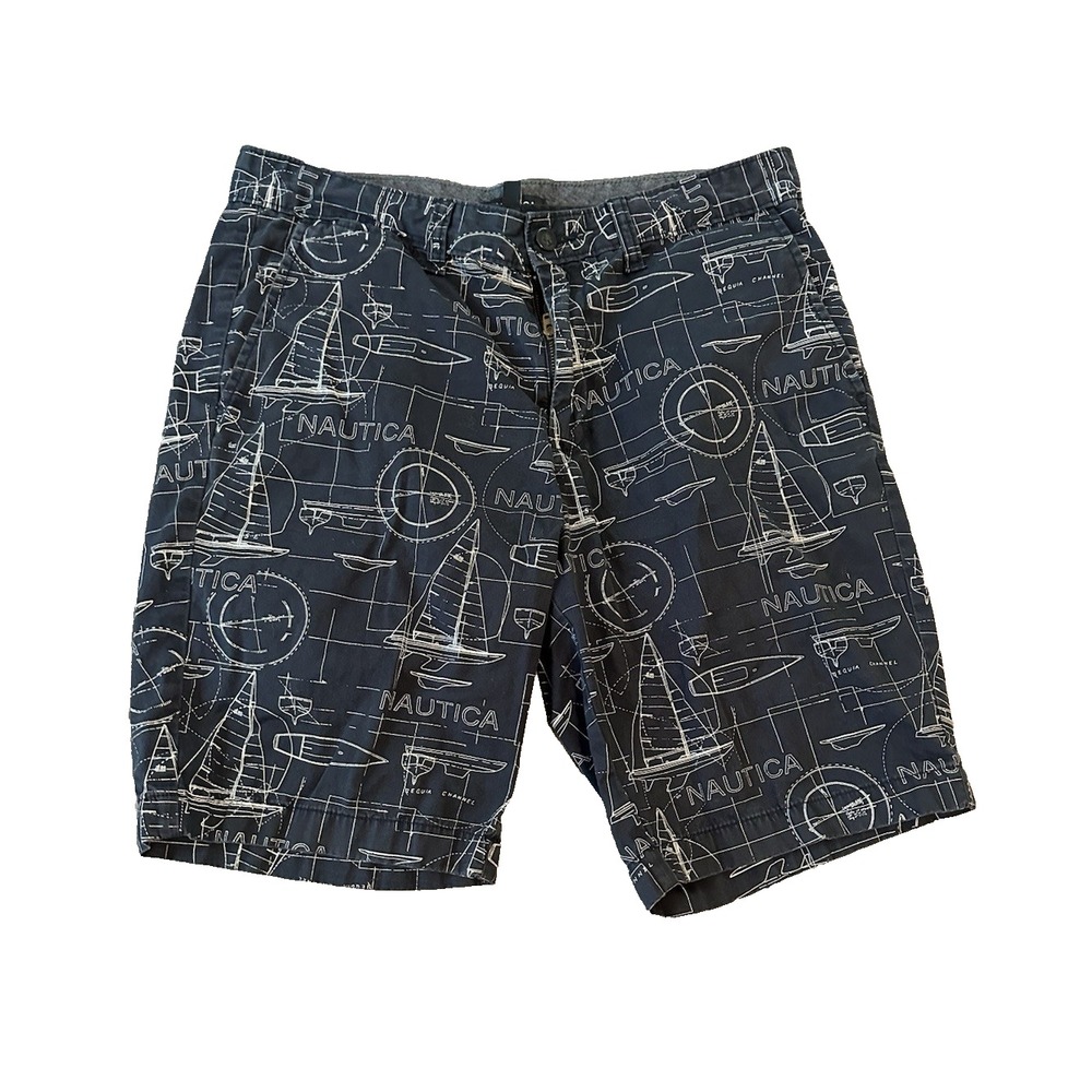 Nautica Mens Slim Fit Chino Shorts 33 Blue Sailboat Nautical Blueprint Sailing